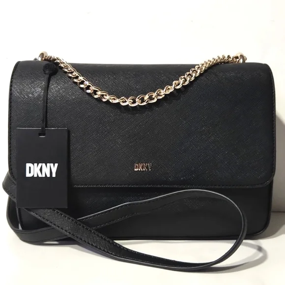 NWT! DKNY Sina Medium Flap Shoulder Bag Black Gold MSRP $198